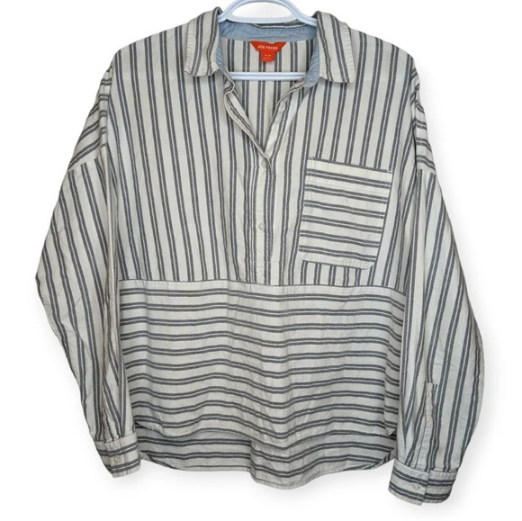 Joe Fresh Striped White & Grey 100% Cotton  Long Sleeve Partial Button Down M - Picture 1 of 8